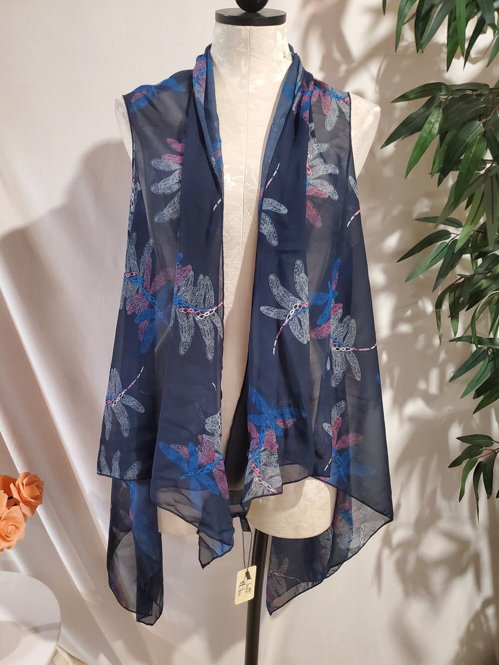 NWT Cherie Bliss Dragonfly Sheer Open Front Vest Top OS Blue Layer Asymmetrical